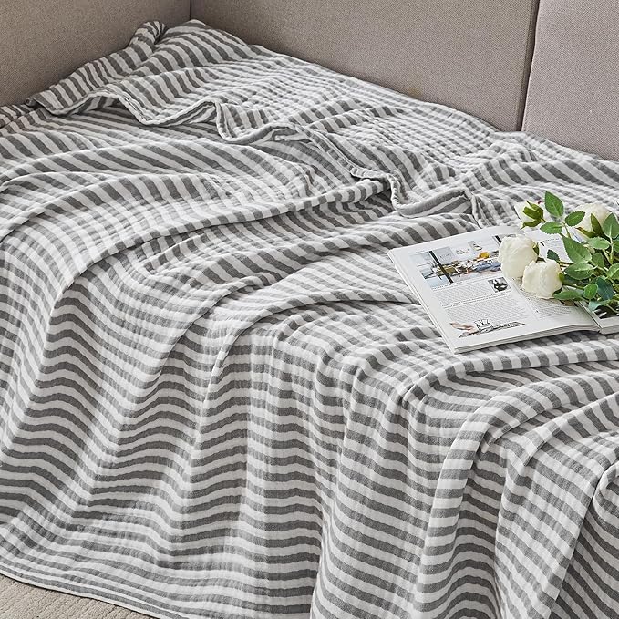 EMME Cotton Muslin Queen Blanket Bed Layering Bedspread Coverlet Breathable Gauze Soft Lightweight Adults (Striped Grey, 90"x90")