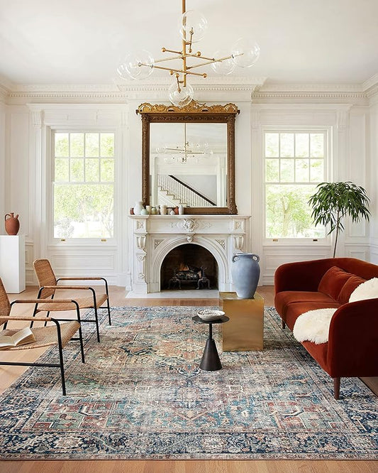 Loloi Margot Collection MAT-02 Terracotta/Lagoon 7'-6" x 9'-6" Area Rug feat. CloudPile, No-Shed Easy Clean Large Patterned Area Rug for Living Room, Bedroom, Dining Area