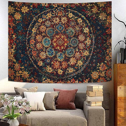 Fowocu Boho Floral Mandala Tapestry Wall Hanging Vintage Bohemian Flower Medallion Tapestry Aesthetic Orange Stained Glass Hippie Tapestries for Bedroom Living Room Dorm Decor 60 x 44 Inch
