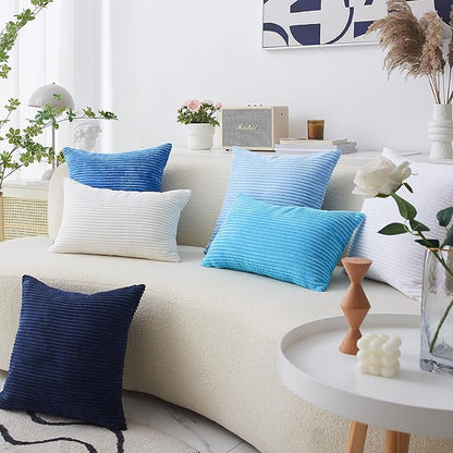 Home Brilliant Blue Throw Pillows Striped Velvet Corduroy Euro Sham Large Decorative Pillow Case Cushion Cover for Sofa, 24 x 24 inch, Baby Boy Blue