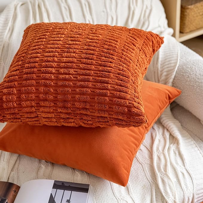 FEVERQIYI Burnt Orange Velvet Pillow Covers Set of 2 Decorative Square Throw Pillowcase Soft Solid 18x18 inch Cushion Covers for Bedroom Living Room Outdoor Indoor Decoration