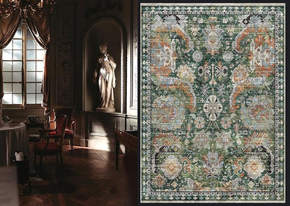 RUGSURE Washable Area Rugs - Perfect for Living Room, Bedroom, Kids Room, Nursery - Stain & Water Resistant Non-Slip, Pet & Child Friendly, Vintage Tribal Area Rugs (Green, 4' x 6')
