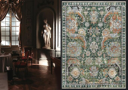 RUGSURE Washable Area Rugs - Perfect for Living Room, Bedroom, Kids Room, Nursery - Stain & Water Resistant Non-Slip, Pet & Child Friendly, Vintage Tribal Area Rugs (Green, 3' x 5 ')