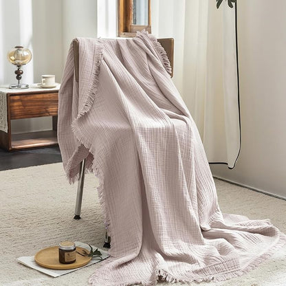 FOSSA Muslin Blanket with Fringe - 4-Layer 100% Cotton Gauze Super Soft & Breathable Throw -Lightweight Decorative Cooling Blanket for Bed, Sofa, Office (Greyish Pink, Super King (108" × 98"))