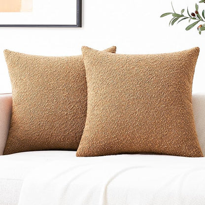 Mixhug Decorative Boucle Throw Pillow Covers, Tobacco Brown, 18 x 18 Inches, Pack of 2 - Textured Boho Pillow Covers for Couch and Bed