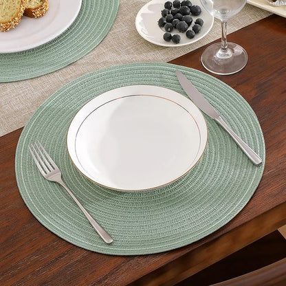 SHACOS Round Placemats Set of 4 Woven Braided Table Placemats 15 inch Cotton Polyester Place Mats Washable Table Mats Indoor Outdoor, Sage Green