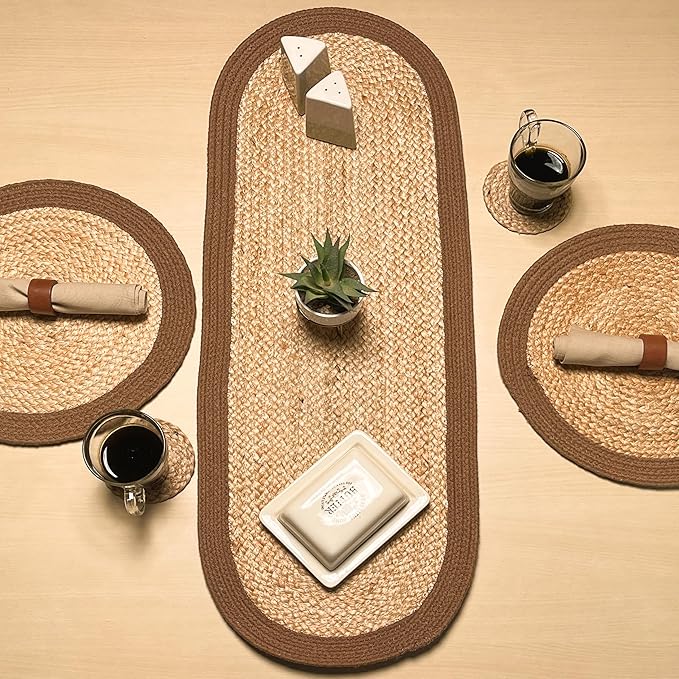 CHARDIN HOME Verona Oval Woven Jute & Cotton Braided Table Runner, Size -13 x 36 Inches, Color - Natural Jute with Brown Border