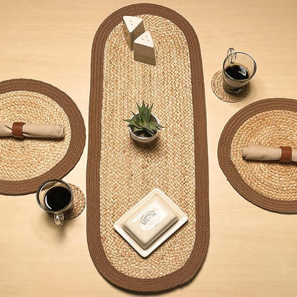 CHARDIN HOME Verona Oval Woven Jute & Cotton Braided Table Runner, Size -13 x 36 Inches, Color - Natural Jute with Brown Border