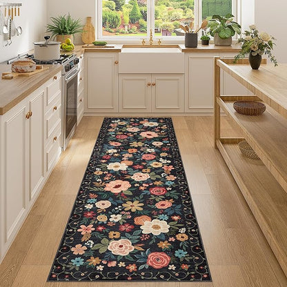 DUKINO Runner Rug, 2x7 Boho Kitchen Rug for Hallways with Low Pile Design, Washable Non Slip Backing Soft Floral Runner for Kitchen, Hallway, Entryway, Bedroom, Laundry, Black