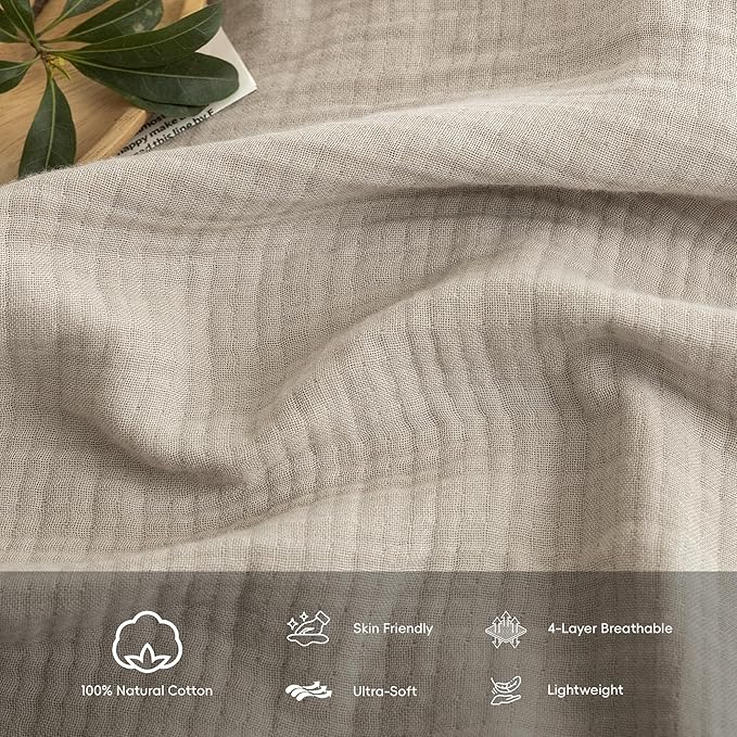 FOSSA Muslin Blanket with Fringe - 4-Layer 100% Cotton Gauze Super Soft & Breathable Throw -Lightweight Decorative Cooling Blanket for Bed, Sofa, Office (Beige Gray, Queen (90" × 90"))