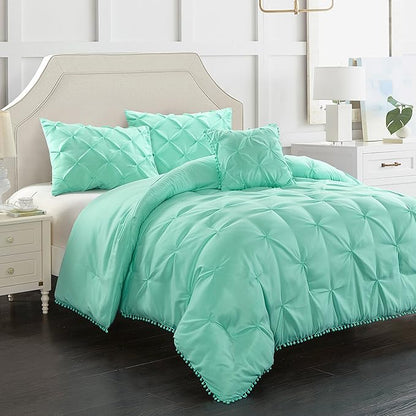 EVOLIVE 3pc Set Pinch Pleat/Kiss Pleat, Pintuck Down Alternative Comforter Set with Pompom (Twin, Mint)