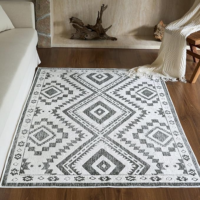 Moroccan Washable Area Rug 4x6, Geometric Decorative Woven Rug Low Pile, Non-Slip Boho Accent Farmhouse Indoor Floor Carpet for Bedroom Laundry Living Room Dining Table, Olive Green/White