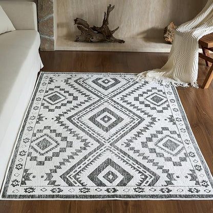 Moroccan Washable Area Rug 4x6, Geometric Decorative Woven Rug Low Pile, Non-Slip Boho Accent Farmhouse Indoor Floor Carpet for Bedroom Laundry Living Room Dining Table, Olive Green/White
