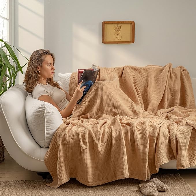 Muslin Blanket - Pure 100% Turkish Cotton Airy Soft Light Versatile Gauze Throw Blanket for Bed, Couch, Sofa (Beige, Twin XL Size (71" x 95" inch))