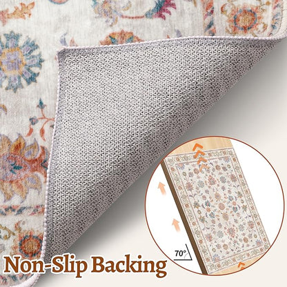 Tangsoo Washable Area Rug, 8x10 Pottery Barn Neutral Floral Large Rugs for Bedroom Living Room, Vintage Boho Non Slip Low Pile Beige Carpet for Farmhouse Nursery Office Laundry, Pet & Child Friendly