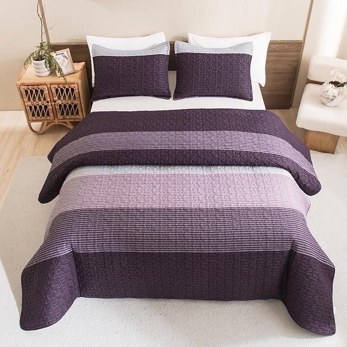 Litanika California King Quilt Set Purple and Grey - Cal King Oversized Stripe Comforter Bedspreads & Coverlets - Soft Lightweight Quilted Bedding Set for All Season(1 Quilt, 2 Pillowcases)