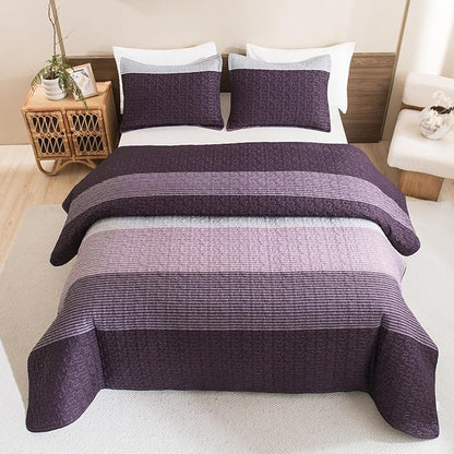 Litanika California King Quilt Set Purple and Grey - Cal King Oversized Stripe Comforter Bedspreads & Coverlets - Soft Lightweight Quilted Bedding Set for All Season(1 Quilt, 2 Pillowcases)