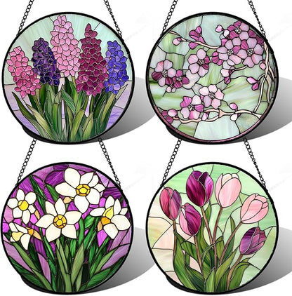 Stained Glass Window Hanging 4 Pcs Set Tulips Plum Flower Daffodils Hyacinths 6.3" - Suncatcher Door Garden Sun Catcher Decor Birthday Mother's Day for Mom Woman Nana