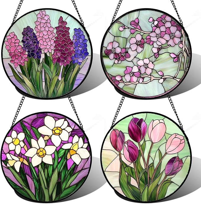 Stained Glass Window Hanging 4 Pcs Set Tulips Plum Flower Daffodils Hyacinths 9.8" - Suncatcher Door Garden Sun Catcher Decor Birthday Mother's Day for Mom Woman Nana
