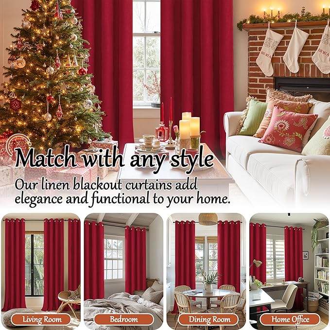 Lajode Red Linen Blackout Christmas Curtains for Living Room - Thermal Insulated Heavy Curtains 84 Inch Long, Thick Light Blocking Soundproof Curtains for Winter Bedroom Each 52x84 Inch 2 Panels