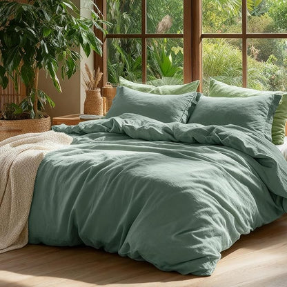Bedsure 100% Washed Cotton Duvet Cover Queen Size - Iceberg Green Minimalist Cotton Duvet Cover Linen Like for All Seasons - GentleSoft™ Plain Simple Bedding (Iceberg Green, Queen, 90"x90")