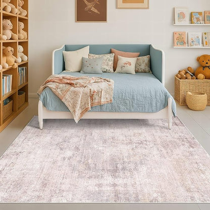 Washale Modern Bedroom 4x6 Area Rugs - Pink and Grey Rug for Living Room, Kitchen, Non Slip & Soft, Medallion Distressed Print Pattern