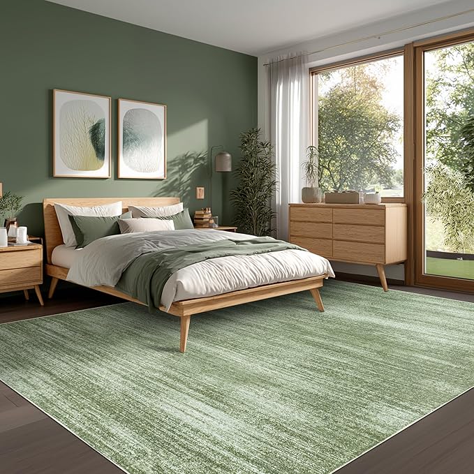 Olive Green 9x12 Area Rug Living Room Minimalist Modern Abstract Style Extra Large Rugs for Office Dining Room Table Loden Green Low Pile Floor Covering Carpet with Non Slip Washable