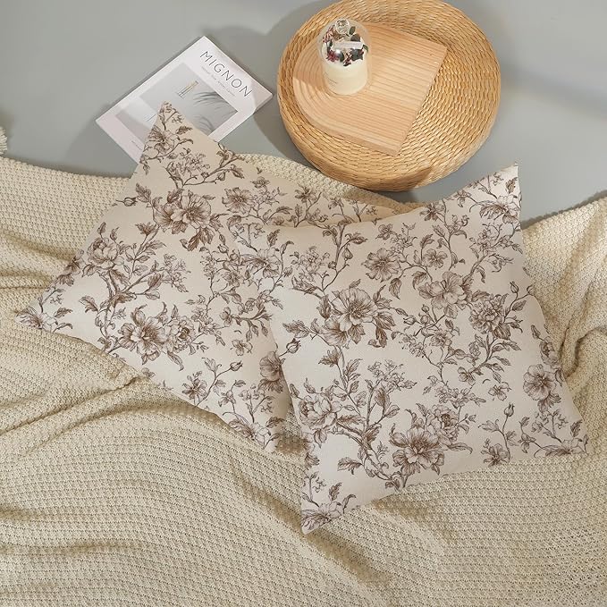 Brown Pillow Covers 16x16 Set of 2 Brown and Cream Floral Chinoiserie Throw Pillows Vintage Rustic Toile Flower Decorative Pillow Cases Outdoor Chinoiserie Decor Cushion Case for Couch Sofa