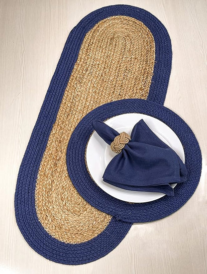CHARDIN HOME Verona Oval Woven Jute & Cotton Braided Table Runner, Size -13 x 36 Inches, Color - Natural Jute with Navy Blue Border