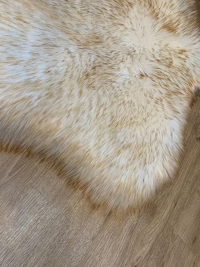 LAMBZY Faux Sheepskin Super Soft Hypoallergenic Silky Shag Rug for Living Room, Kids Room, Sofa (Quarto 4 Pelts Side by Side 3'x8', White/Brown Tips)