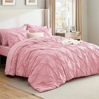 Bedsure Queen Comforter Set Baby Pink - Bed in a Bag Queen Size Bedding 7 Pieces, GentleSoft™ Pintuck Bed Set Gift for Family, Pinch Pleat All Season Comforter with Sheets, Pillowcases & Shams