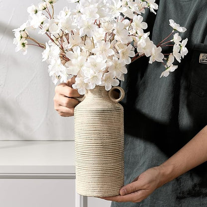 Ceramic Rustic Vase with 2 Round Handles, Antique Farmhouse Flower Vase, Vintage Terracotta Vases for Home Decor, Wedding, Living Room, Table, Shelf Decor - 10.2 Inch Tall, Terra