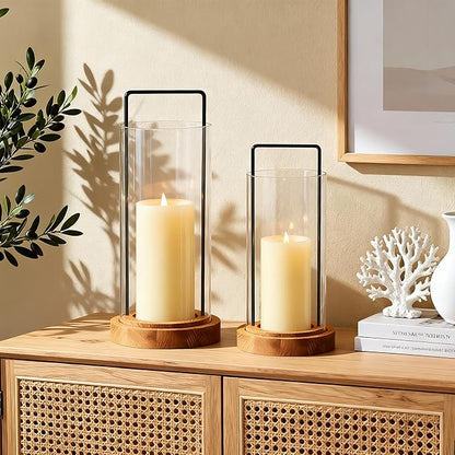 Houmury Set of 2 Hurricane Candle Holders Lantern 12” & 10”with Wood Base Metal Handle Glass Cylinder Modern Farmhouse Decor for Home Decoration, Table Centerpieces (Warm Amber Brown)
