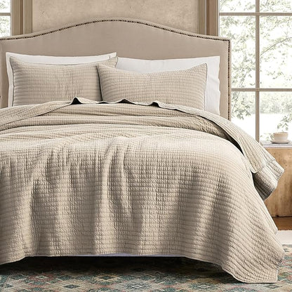 WDCOZY 100% Cotton King Size Quilt Set - Beige Neutral Striped Pick Stitch Soft Lightweight Bedspread, Textured Like Linen, Farmhouse Country Rustic Coverlet, Shabby Chic Gauze Bedding, 3 Pieces