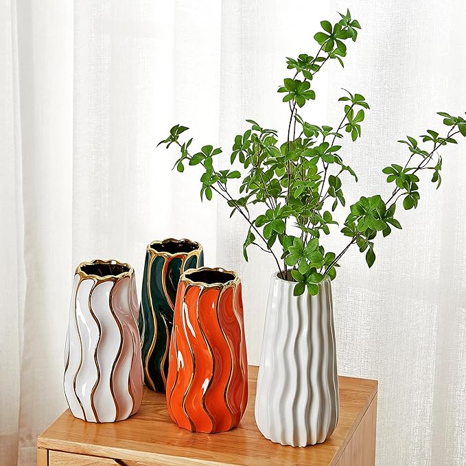 White Ceramic Vase for Home Decor,Decorative Flower Vase, Vertical Stripe Ceramic Vases for Home Décor, Bedroom, Office, Living Room, Bathroom, Tabletop Decor, Centerpiece (White)
