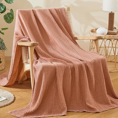 EMME Cotton Muslin Queen Blanket Bed Layering Breathable Gauze Blanket Soft Lightweight Blankets Adults (Orange Red, 90"x90")