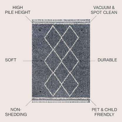 JONATHAN Y Mercer Shag Plush Tassel Denim Blue/Cream Indoor Area Rug, 3x5, Moroccan Geometric Trellis, Bohemian, Easy-Cleaning for Living Room, Bedroom, Kitchen, Non-Shedding (MCR103A-3)