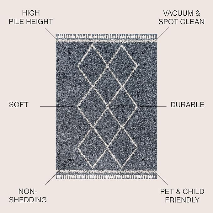 JONATHAN Y Mercer Shag Plush Tassel Denim Blue/Cream Indoor Area Rug, 5x8, Moroccan Geometric Trellis, Bohemian, Easy-Cleaning for Living Room, Bedroom, Kitchen, Non-Shedding (MCR103A-5)