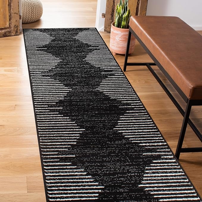 Rugshop Bohemian Stripe Stain Resistant High Traffic Living Room Kitchen Bedroom Dining Home Office Runner Rug 2' x 10' Black