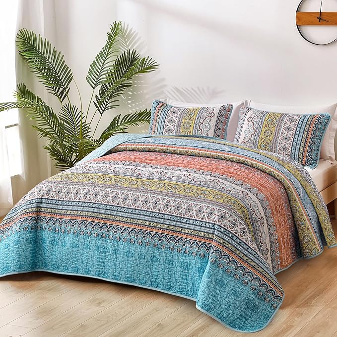 WONGS BEDDING Boho Queen Quilt Set, Pink and Blue Bohemian Quilt Bedding Set, Lightweight Bed Decor Bedspread for All Season Reversible Microfiber Coverlet Bedding Set 96"x90"(3 Pieces)