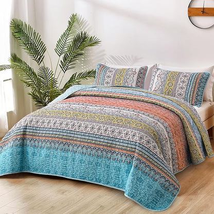 WONGS BEDDING Boho King Quilt Set, Pink and Blue Bohemian Quilt Bedding Set, Lightweight Bed Decor Bedspread for All Season Reversible Microfiber Coverlet Bedding Set 103"x90"(3 Pieces)