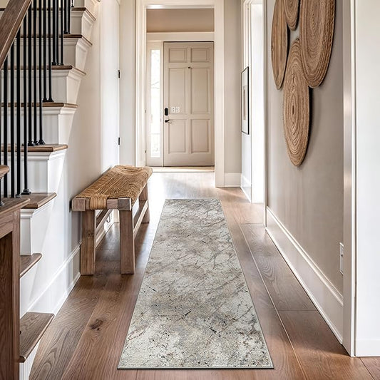 Rugshop Drifted Marble Abstract Area Rug Durable, Kid & Pet Friendly Gray, Ivory, Neutral Tones 2' 3" x 12' Runner Ideal for Hallway, Kitchen, Entryway, or Behind The Sofa