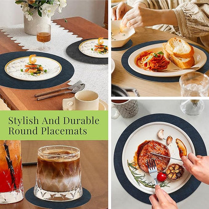 13-Inch Faux Leather Round Placemats Set of 12, Waterproof Anti-Slip Dual Sided Place mats, Heat Resistant Washable Table Mats with Coaster, Suitable for Indoor & Outdoor (12, Black Navy Blue)