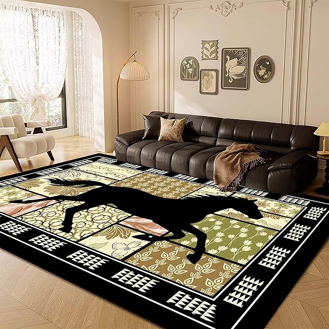 Boho Floral Area Rugs 6x8ft, Western Running Horse Rug, Botanical Print Low Pile Carpet, Non-Slip & Stain-Resistant Machine Washable Rug for Living Room, Bedroom, Dining Room