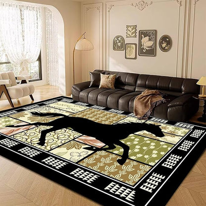 Boho Floral Area Rugs 6x8ft, Western Running Horse Rug, Botanical Print Low Pile Carpet, Non-Slip & Stain-Resistant Machine Washable Rug for Living Room, Bedroom, Dining Room