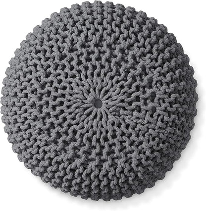 Casafield Round Pouf Ottoman, Dark Gray - 20" Diameter x 14.5" High Cotton Knit Foot Stool - Boho Floor Pouffe for Living Room, Bedroom, Home Office