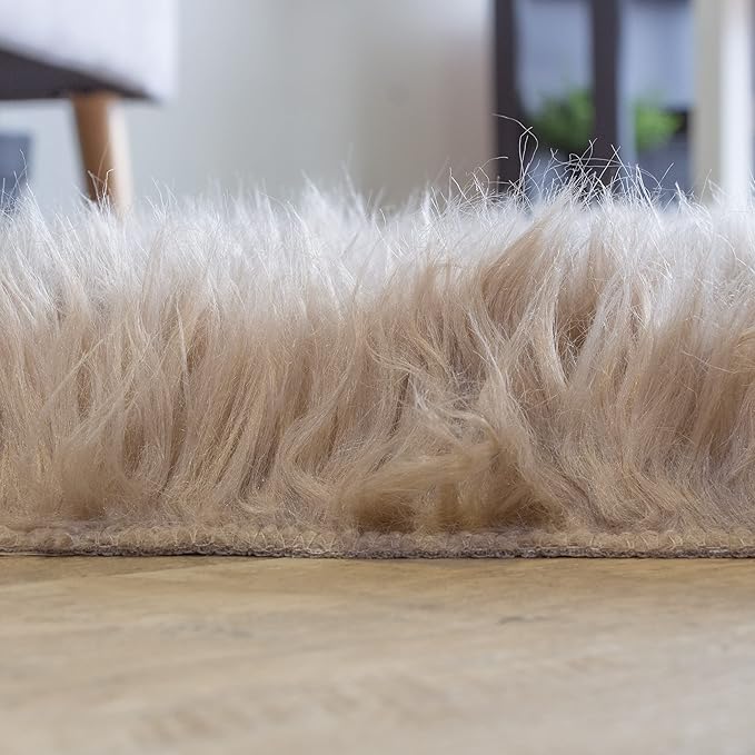 Super Area Rugs Ultra Soft & Fluffy Faux Sheepskin Rug, Light Brown 2 x 3 Feet Carpet for Bedroom Living Room