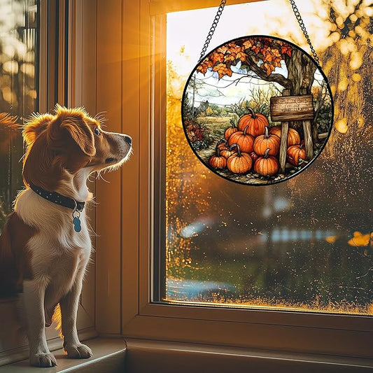 DASTOLL Stained Glass Window Hanging Fall Farm Scenery Maple Trees Pumpkin Large 11.8" - Suncatcher Door Garden Kitchen Sun Catcher Autumn Decor Birthday for Mom Nana Men Woman Friend