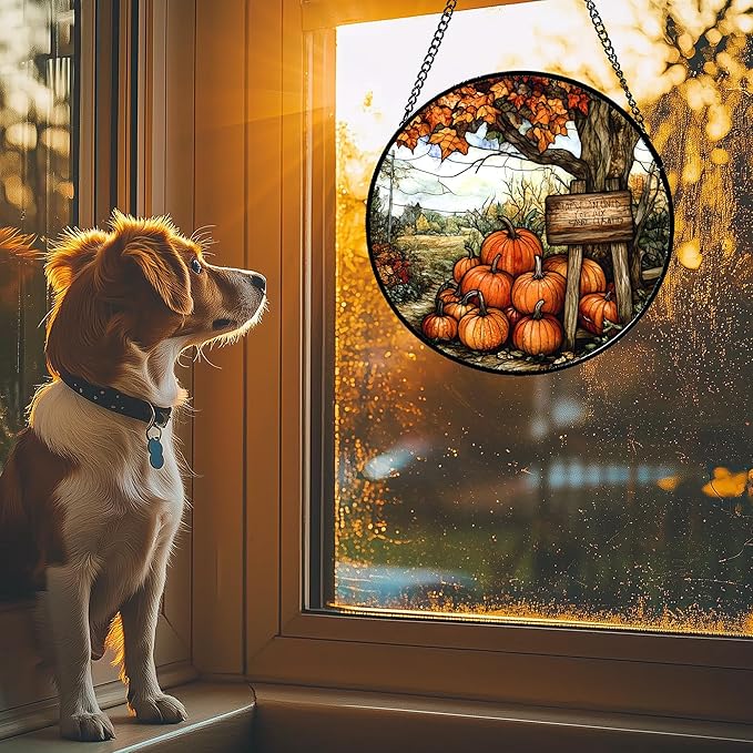 DASTOLL Stained Glass Window Hanging Fall Farm Scenery Maple Trees Pumpkin 9.8" - Suncatcher Door Garden Kitchen Sun Catcher Autumn Decor Birthday for Mom Nana Men Woman Friend