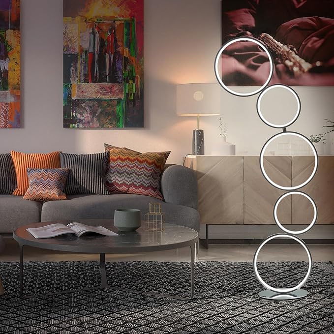 COSYLUX LED Modern Floor Lamp for Bedroom, 3 Way Bright Dimmable Corner Standing lamp with 5-Ring for Living Room & Office Reading Light, 3260LM, 6000K, Chrome.